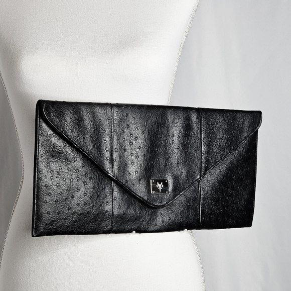 Orstrich Leather Black Envelope Clutch - Picture 1 of 5